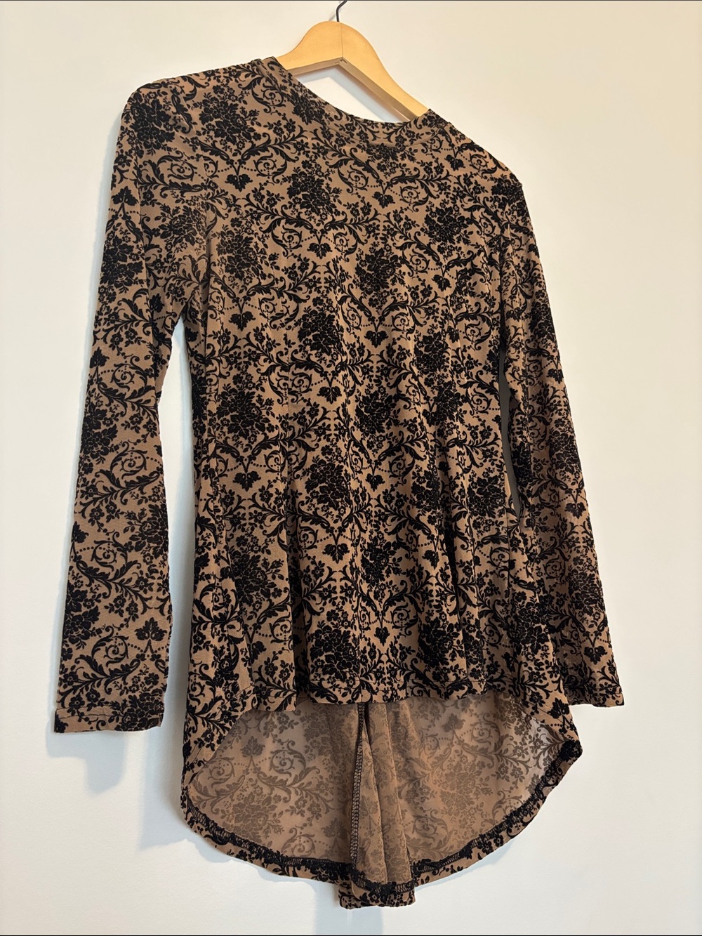 Suzy Shier Black Floral Burnout Long Sleeve Top on Taupe